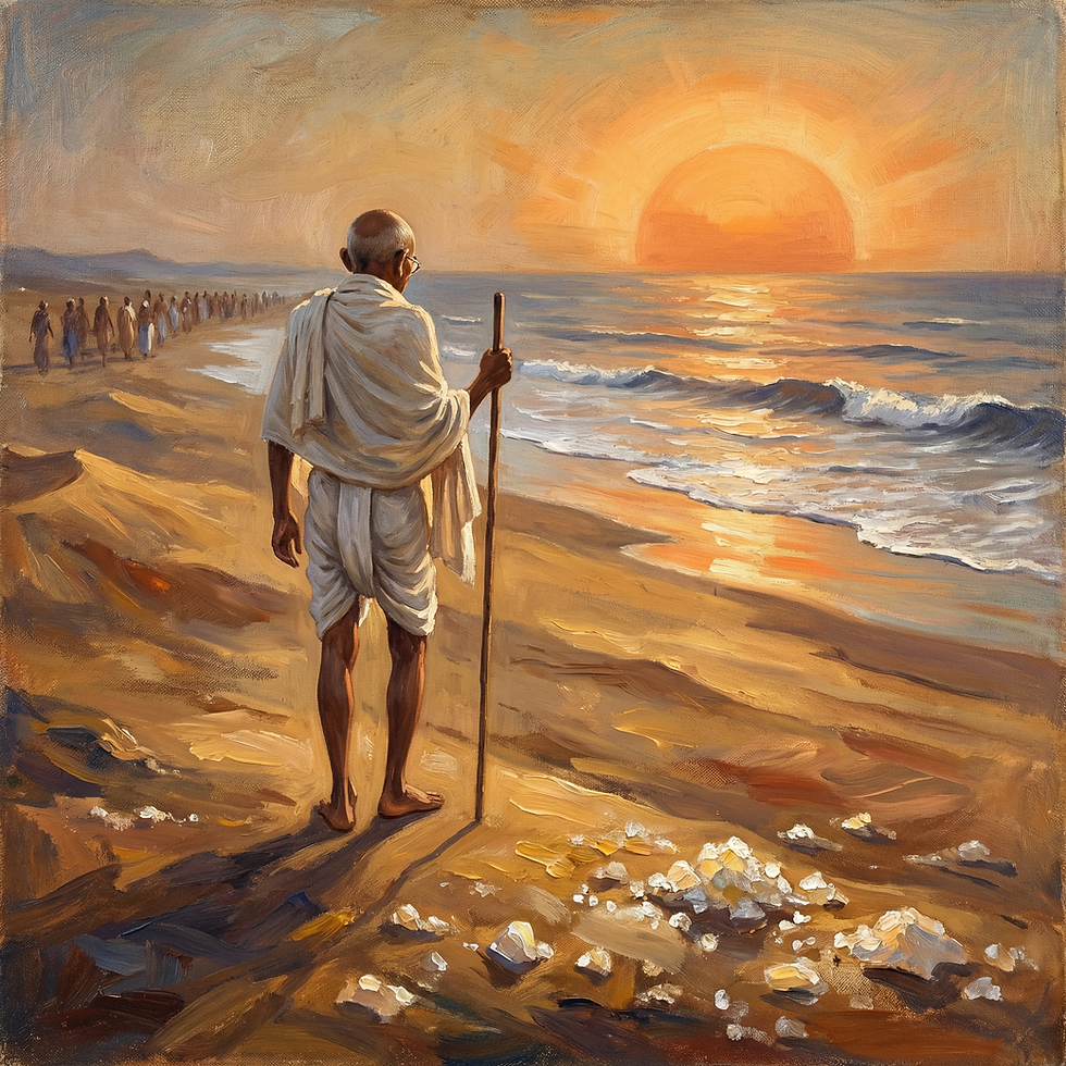 Pintura a óleo no estilo da arte moderna indiana, retratando Mahatma Gandhi na Marcha do Sal ao amanhecer na costa de Gujarat, com cristais de sal na areia.