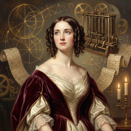 Pintura a óleo de Ada Lovelace em estilo vitoriano, sentada em uma escrivaninha com papéis matemáticos, em um estudo com iluminação dramática.
