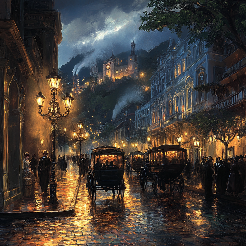 Lampiões a gás iluminando a Rua do Ouvidor em 1854, Rio de Janeiro