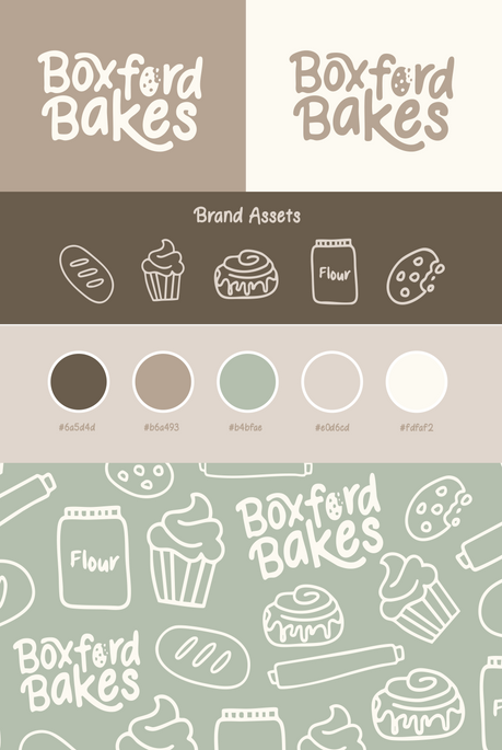 Boxford Bakes visual identity style guide with logo variations, icons, and color palette