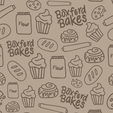 Boxford Bakes illustrated pattern with cupcakes, bread, and baking motifs on a brown background