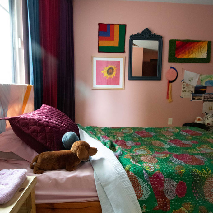 Velvet curtains and floral bedding bedroom