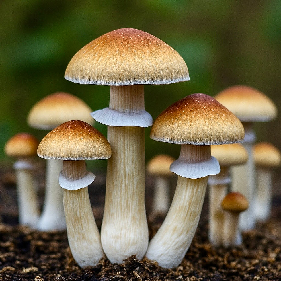 Close-up van een groep bruine en goudkleurige Psilocybe cubensis paddenstoelen, gefotografeerd in hoge resolutie, met zichtbare hoedstructuur en natuurlijke details, weergegeven in een vierkant formaat.