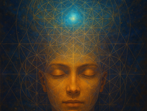 Mediterend gezicht in warme gouden tinten, omgeven door kosmische patronen en lichtgevende geometrie, die de spirituele essentie en bewustzijnsverruiming van DMT symboliseren.