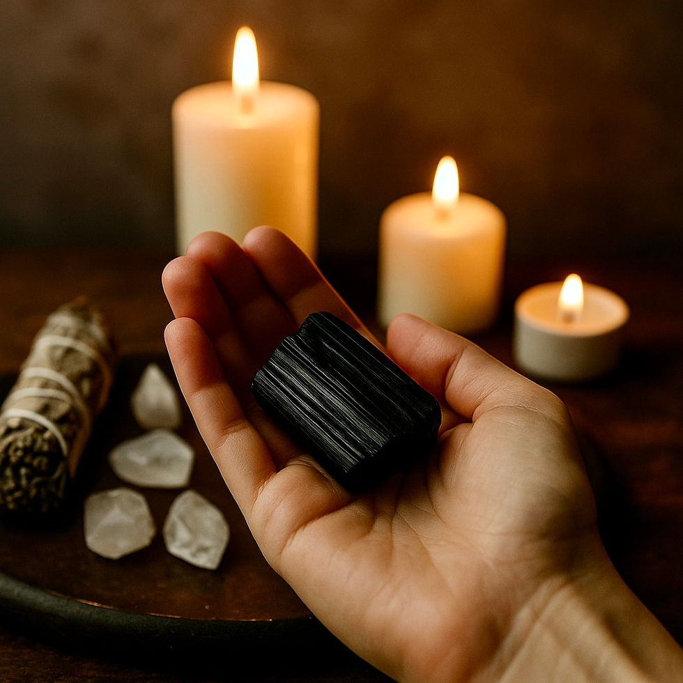 Een serene foto met een hand die een beschermende zwarte toermalijnsteen vasthoudt boven een altaar met kaarsen, salie en witte kristallen.