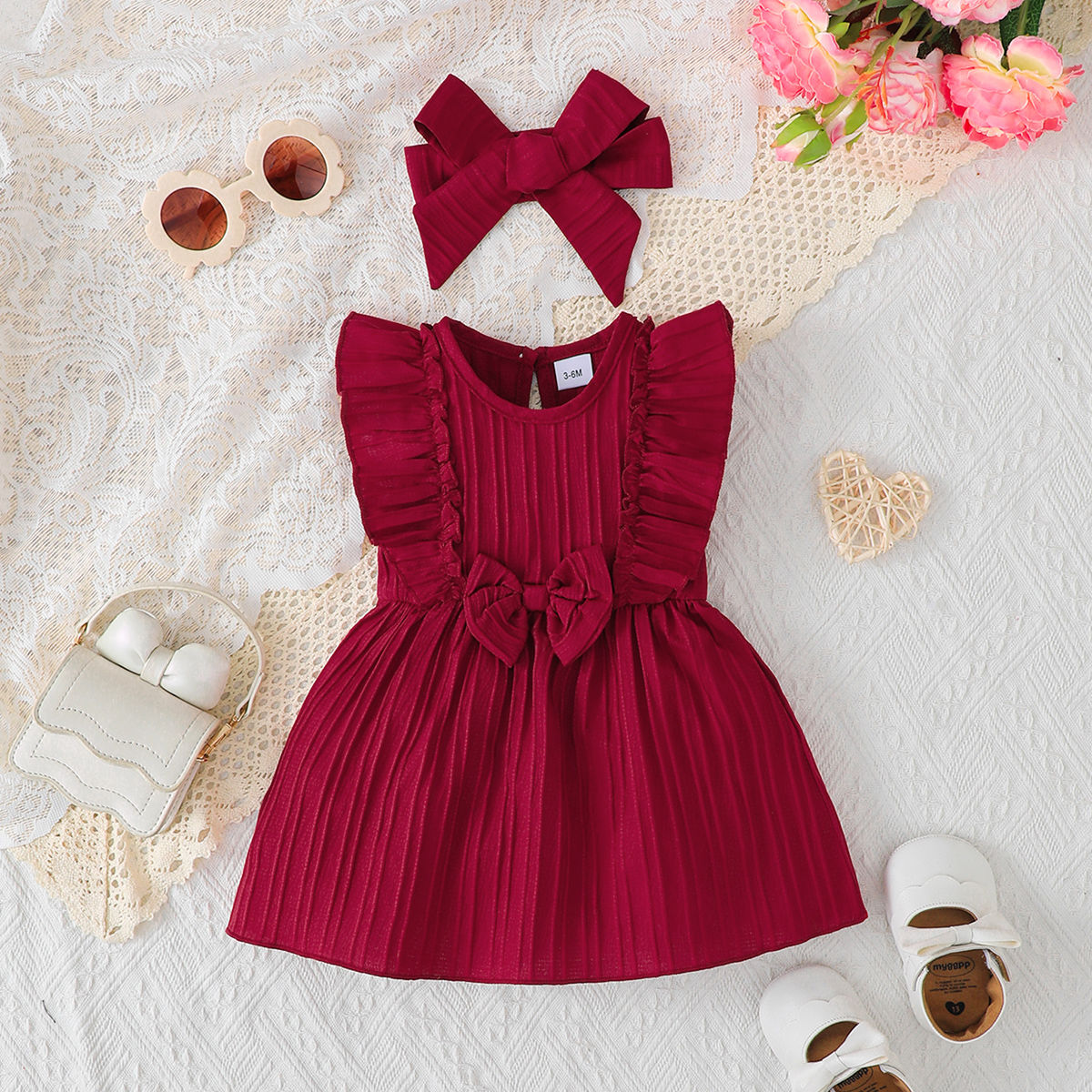 Baby girl's Sleeveless Dress Solid color Ruffled edges Fashion Summer Dress+Head