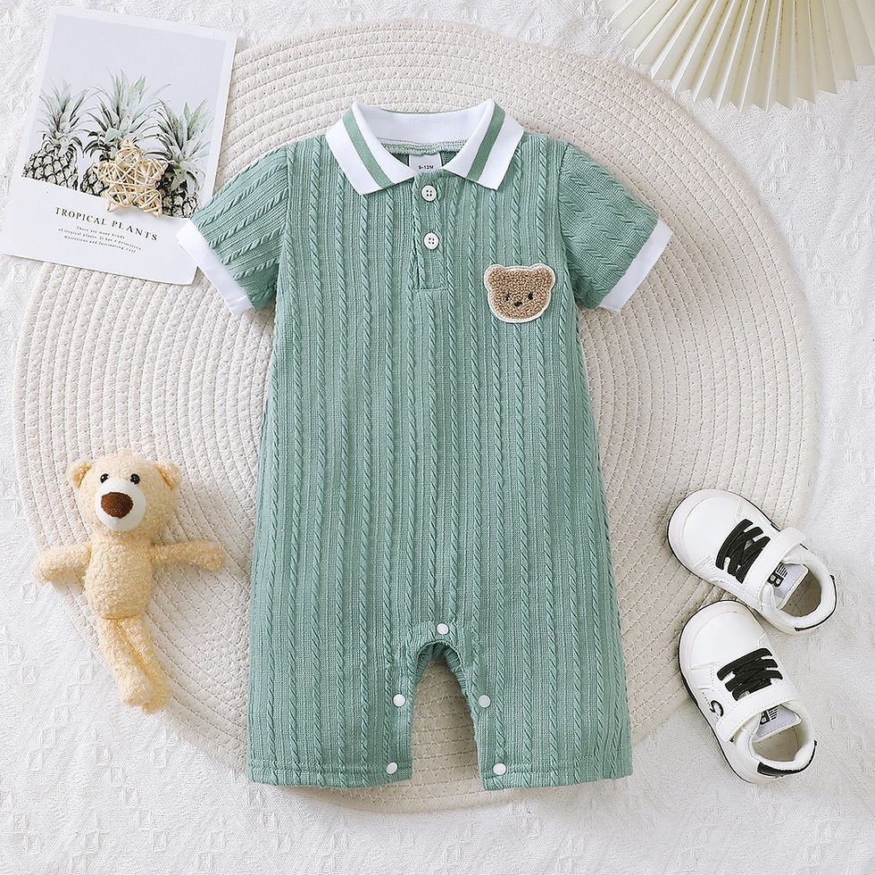 Thumbnail: Newborn Baby Boy Romper Short Sleeved Striped Lapel with Little Bear Pattern Gen