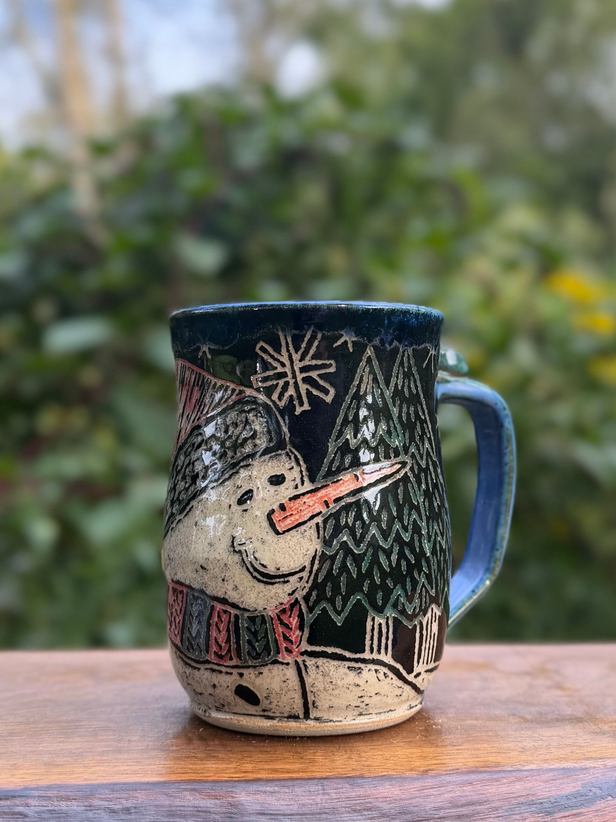 Sgraffito Mug Snow Person Enjoys the Snowy Night
