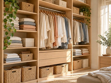Dressing organisé avec vêtements suspendus, étagères et paniers de rangement