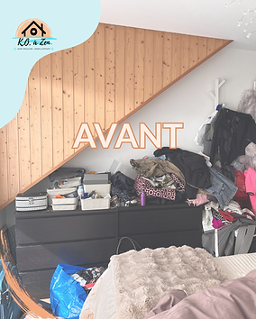 Chambre avant l’accompagnement KO à Zen : vêtements et objets accumulés autour de la commode