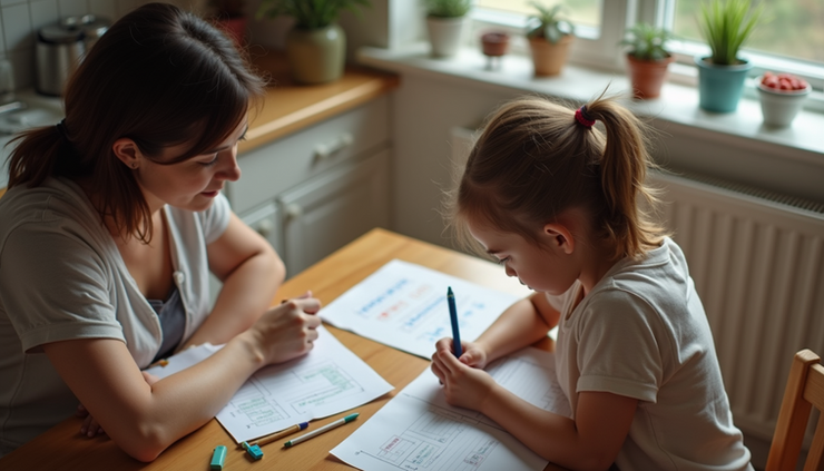 High angle view of a parent and child working together on a homework assignment at a kitchen table