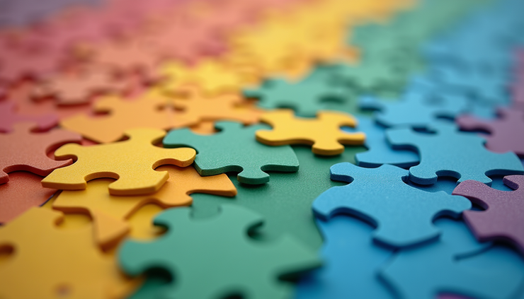 Eye-level view of a child’s colorful puzzle pieces on a table