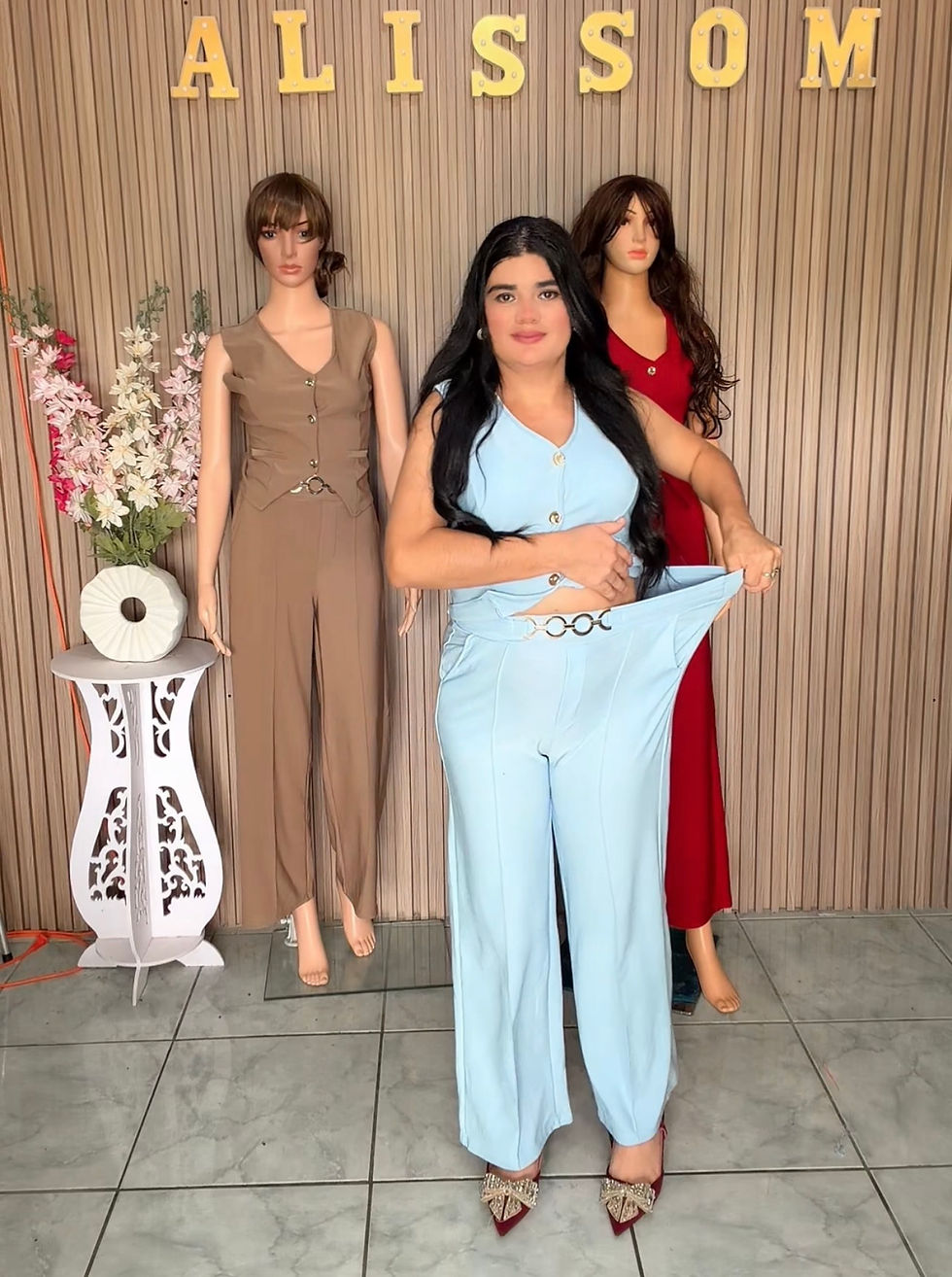 Miniatura: L179 - conjunto con botones dorados elegante y broche en pantalón 