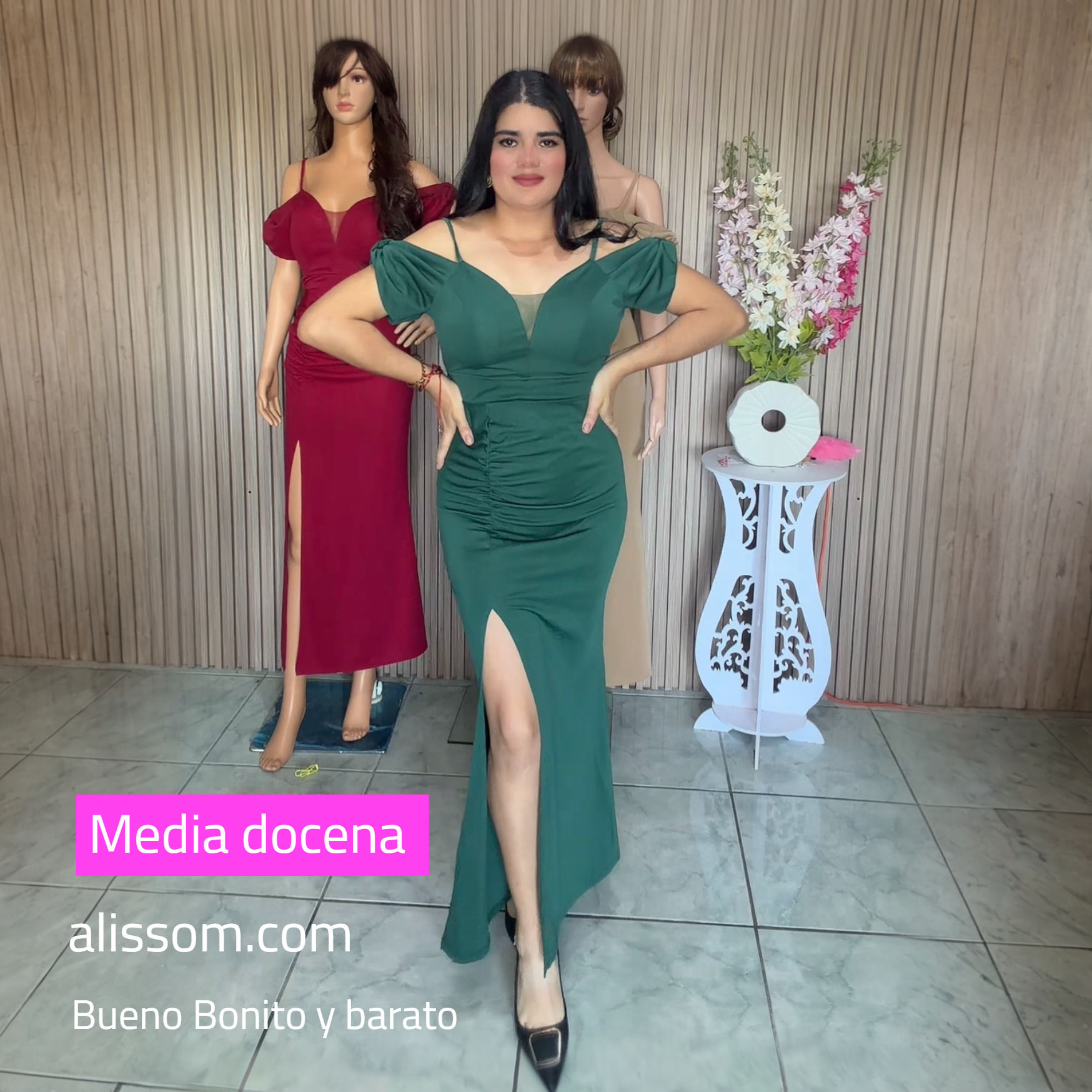 QS-1319 media docena Vestido con pijaso a un lado