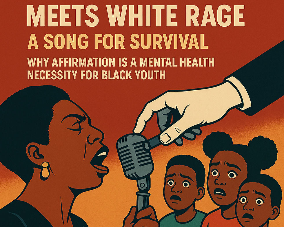 Illustration of white rage symbolized as a looming figure grabbing a microphone from a Black singer, while a group of Black children watch in shock, representing the tension between empowerment and systemic backlash.