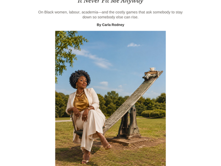 Cover of Here Lies Respectability: It Never Fit Me Anyway, featuring Carla Rodney seated at one end of a seesaw.