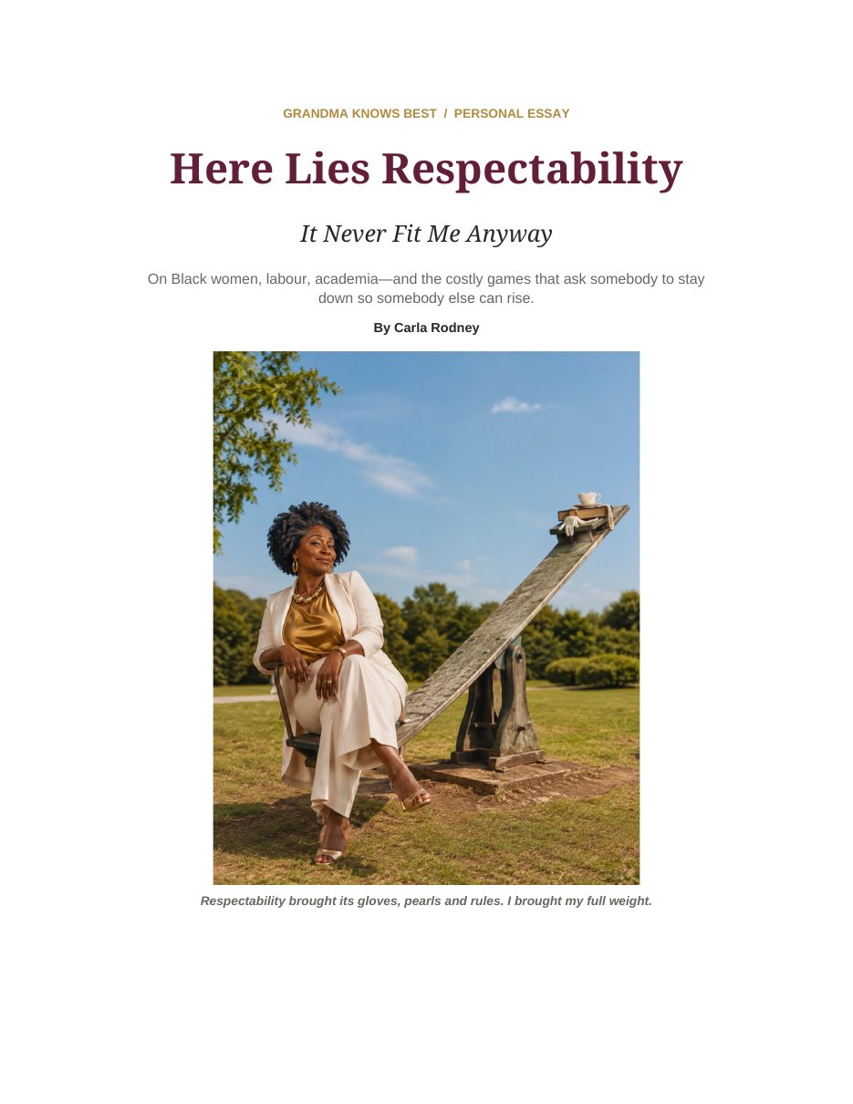 Cover of Here Lies Respectability: It Never Fit Me Anyway, featuring Carla Rodney seated at one end of a seesaw.