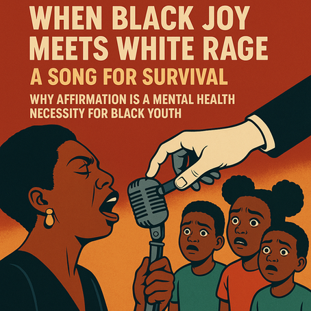 Illustration of a microphone being grabbed away by a shadowy white hand, symbolizing white rage, while a group of Black children stand in the background looking shocked and dismayed. The style is bold, colorful, and graphic, with strong emotional contrast between hope and suppression.