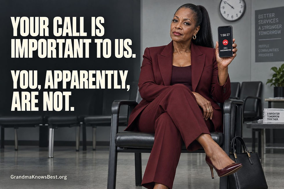 Older Black woman in a burgundy suit holding up a disconnected phone after a long wait, beside the words Your call is important to us. You, apparently, are not.