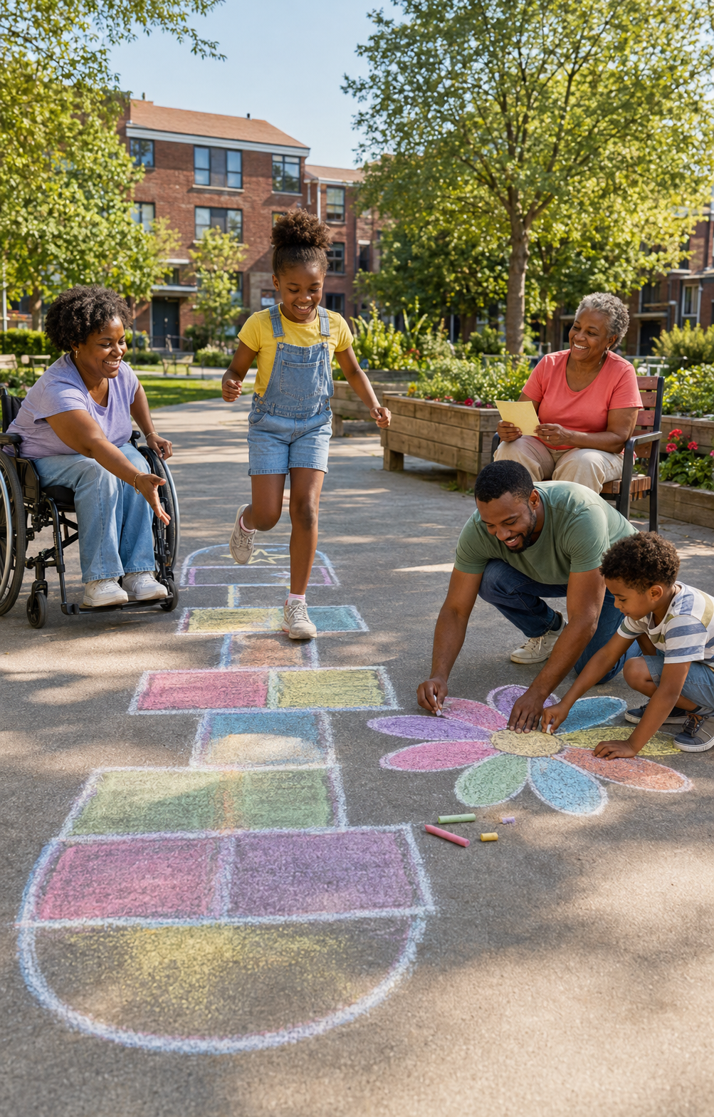 A multigenerational Black family and neighbours enjoying a chalk hopscotch game outdoors, with a child hopping while others draw a colourful chalk flower in a sunny courtyard.