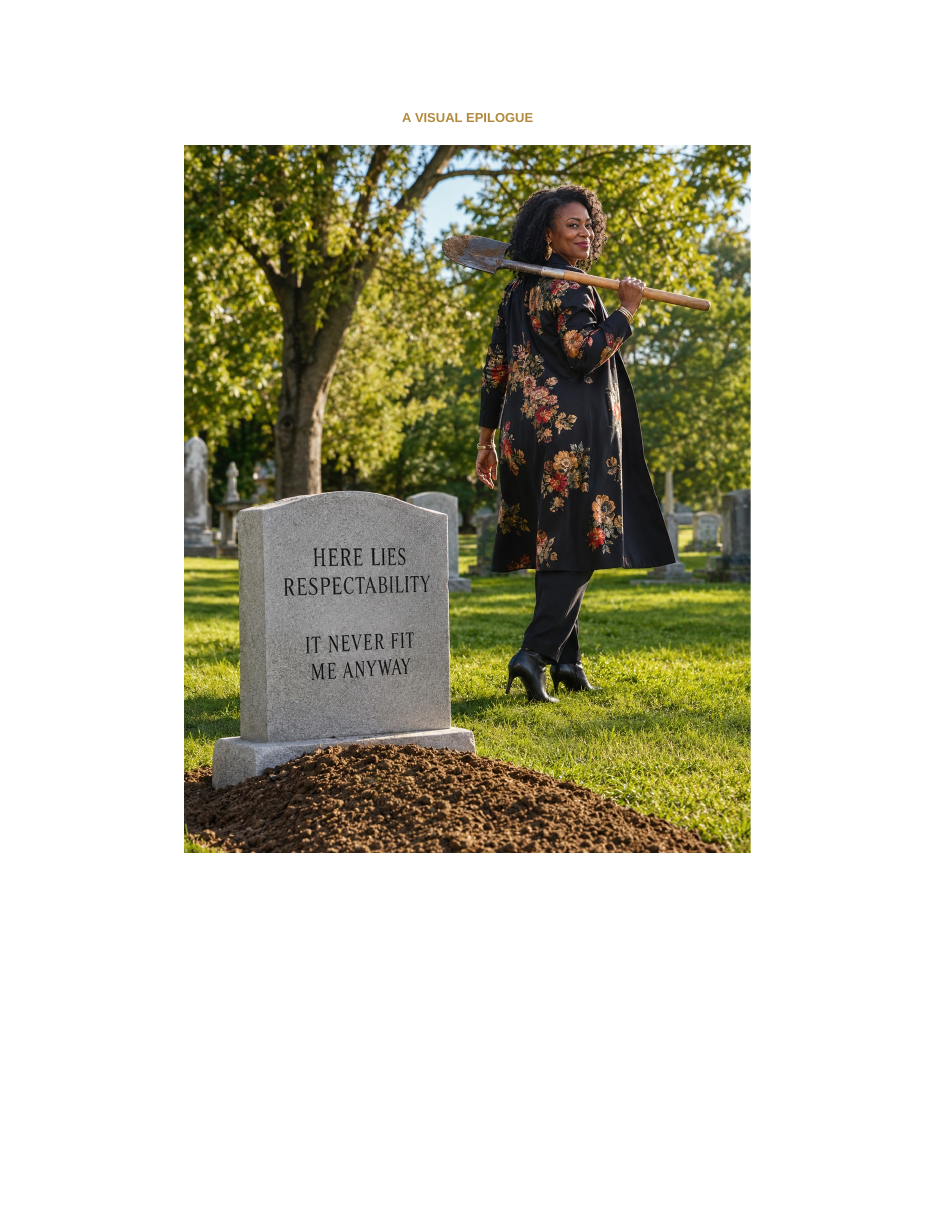Visual epilogue: Carla Rodney stands beside a gravestone reading Here Lies Respectability, It Never Fit Me Anyway, holding a shovel.