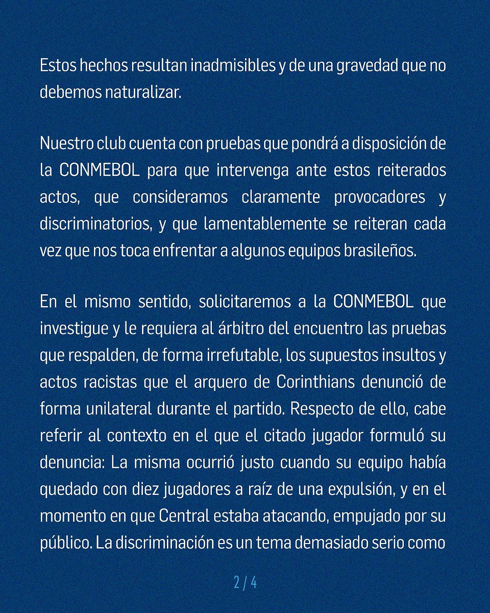 Comunicado oficial do Rosario Central. Reprodução / Rosario Central