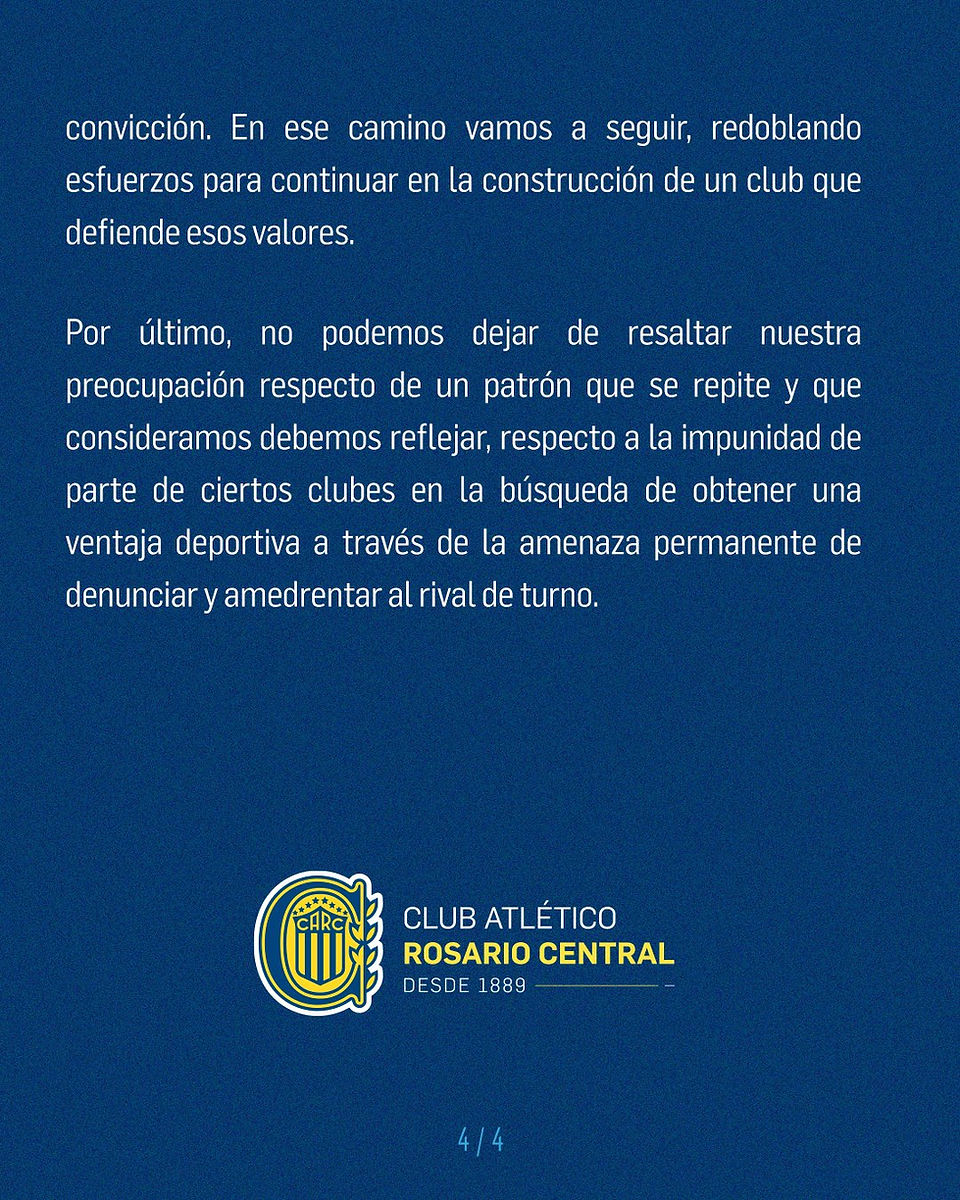 Comunicado oficial do Rosario Central. Reprodução / Rosario Central