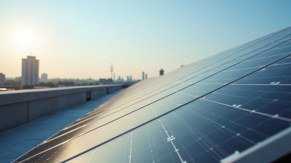 Wide angle view of solar panels on a commercial rooftop