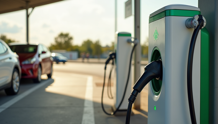 High angle view of an EV charging station at a highway rest stop with multiple charging points