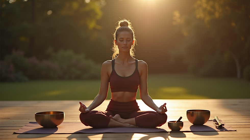 Eye-level view of a yoga practitioner sitting cross-legged on a mat surrounded by singing bowls