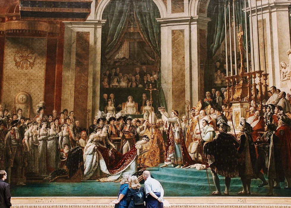 Crowded coronation scene in a grand cathedral painting, with royals and clergy gathered as museum visitors look on