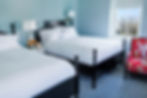 Two neatly made beds with white linens in a blue room. A red floral chair and striped carpet add color. A window shows a scenic view.