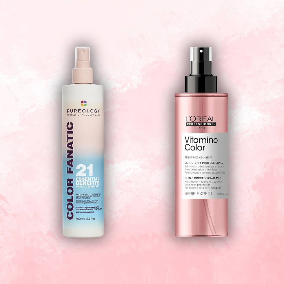 Two hair care bottles on a pink textured background. Left: Pureology Color Fanatic, white with blue. Right: L'Oreal Vitamino Color, pink.