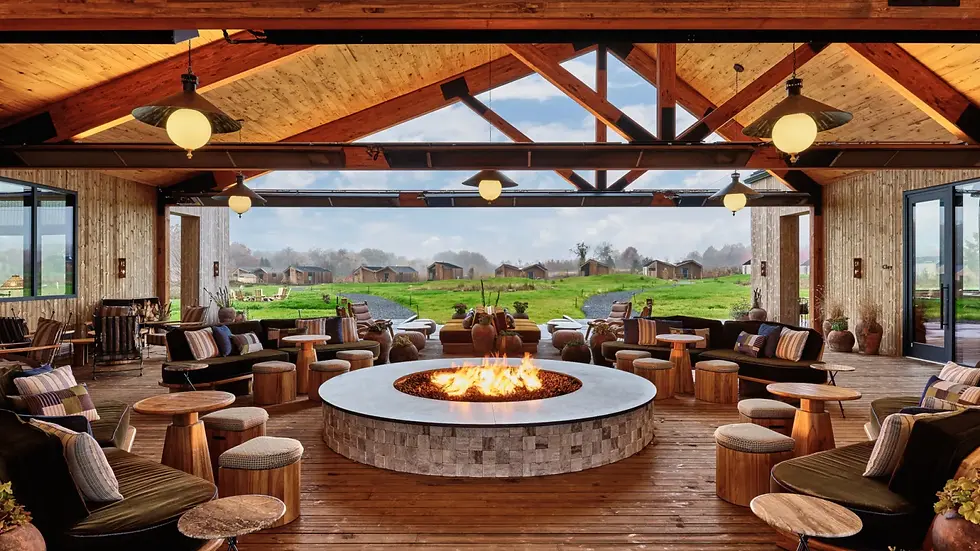 Wildflower Farms modern luxury cabin resort in Gardiner, New York with meadows and Shawangunk Ridge mountain views during fall foliage season