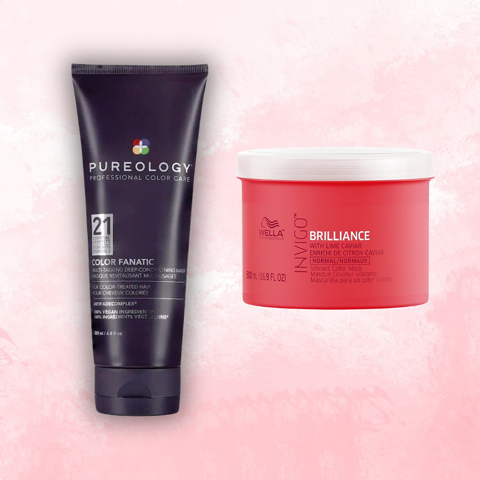 Two hair care products: a black "Pureology" conditioner tube and a red "Wella Brilliance" tub, set against a pink background.