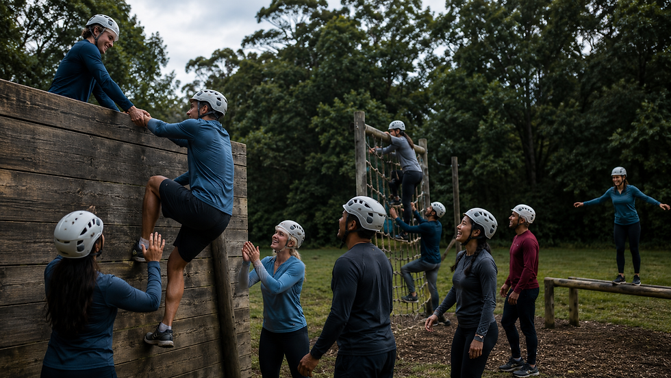 Team assisting colleague over a wooden wall obstacle.