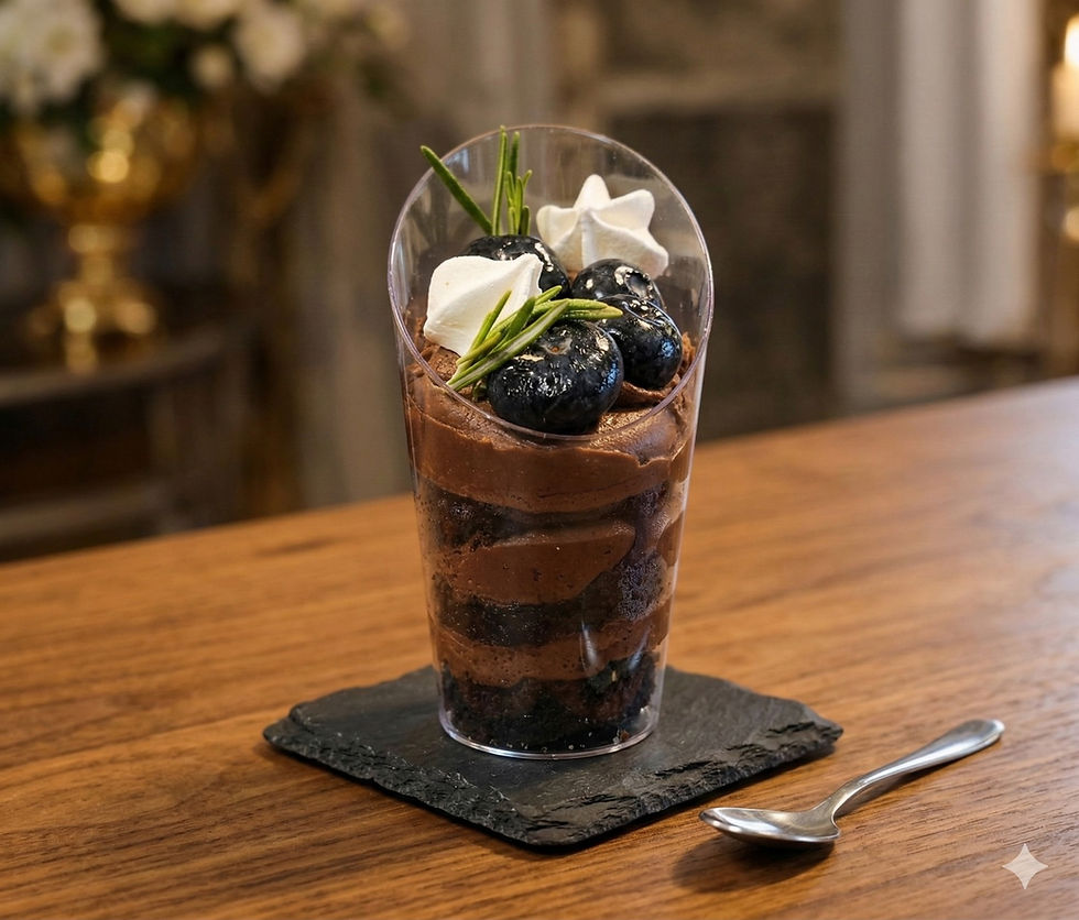 Chocolate Matilda cake mini dessert cup with berries for wedding dessert table in Salem NH