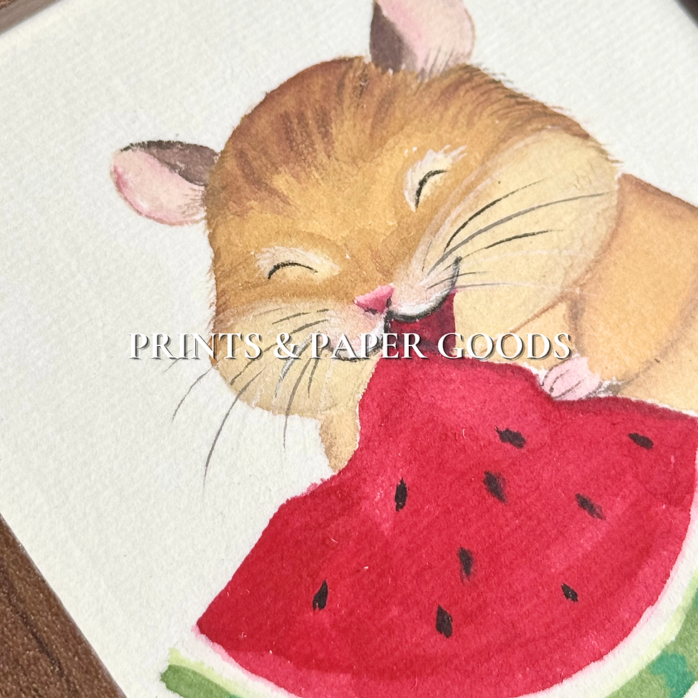 Small animal illustration on paper featuring a hamster holding a slice of watermelon
