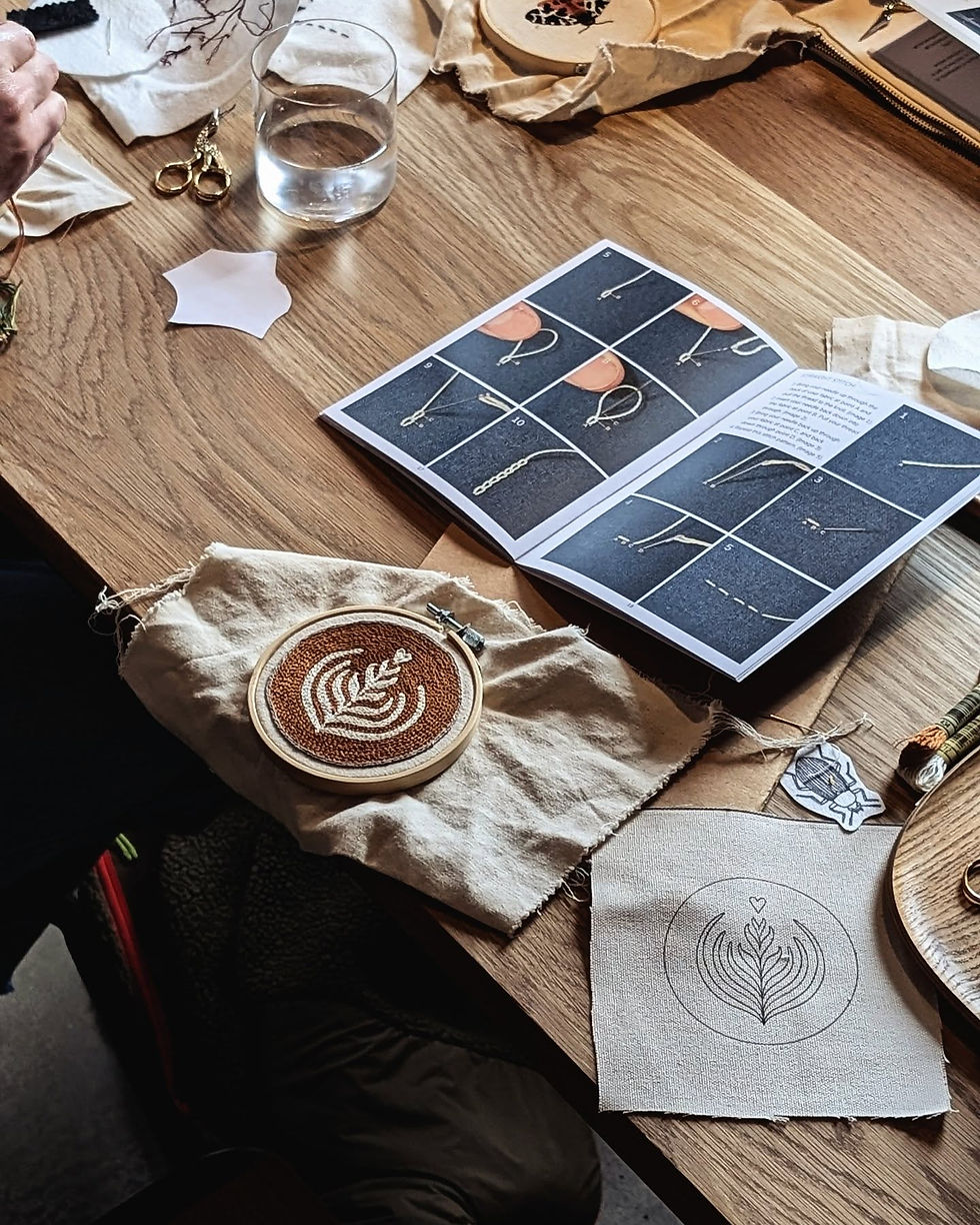 A coffee table laid out with an embroidery project, materials and instructions.