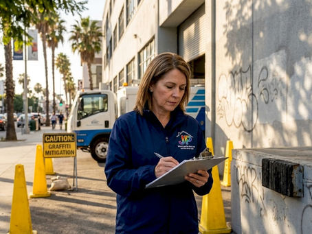 Property manager checks graffiti protection walls