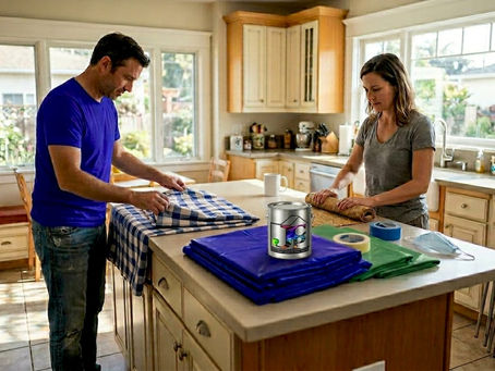 Couple preparing living room for painting