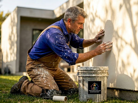 Painter inspects stucco wall of LA home