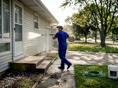 Painter power washing home exterior before painting