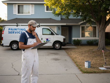 Painter checking notes in suburban Los Angeles driveway