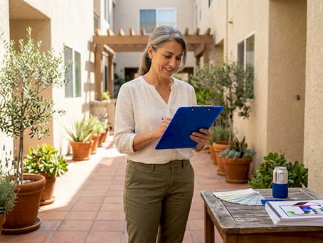Manager checks HOA paint rules outside condo