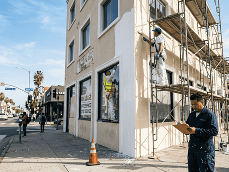 Painters refreshing exterior of LA office building