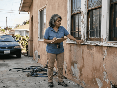 Property manager inspecting exterior paint damage