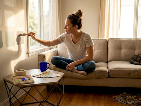 Woman painting test sheen patches in sunny LA living room