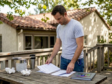 Homeowner reading paint warranty on porch