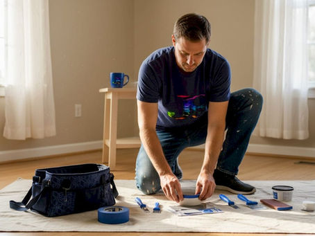 Homeowner arranging wall painting prep tools